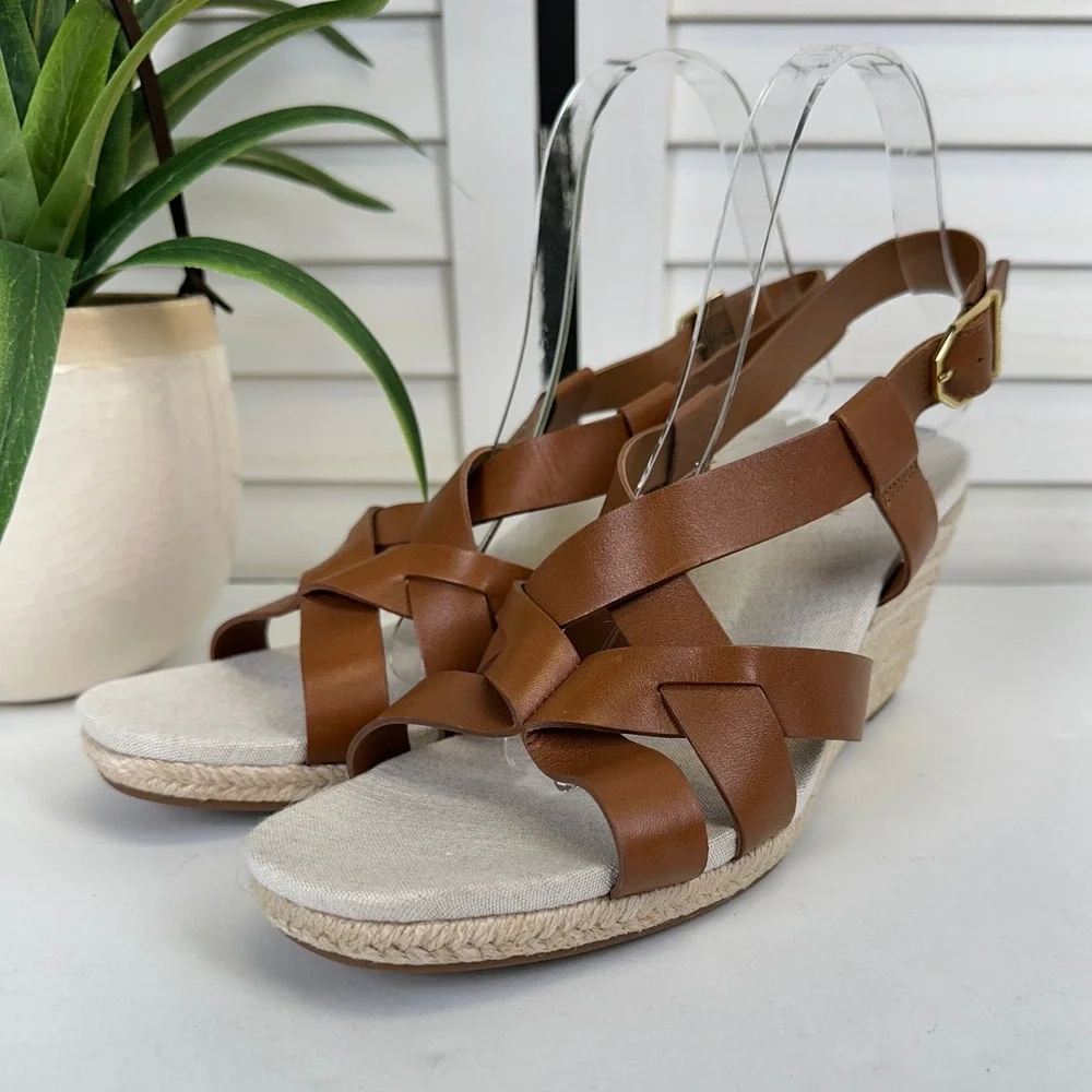 Cole Haan Crystal Wedge Sandal Tan Faux Leather Strappy‎ Espadrille Shoe Size 9B